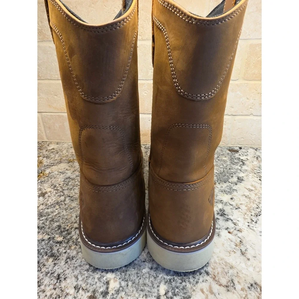 Mens Light Brown Work Boots Leather Oil Resistant Pull On Wedge Steel Toe Sz 8.5